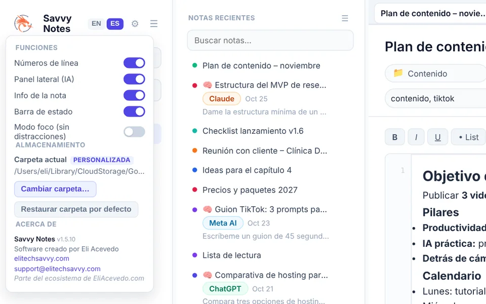 Panel de ajustes con la sección Almacenamiento