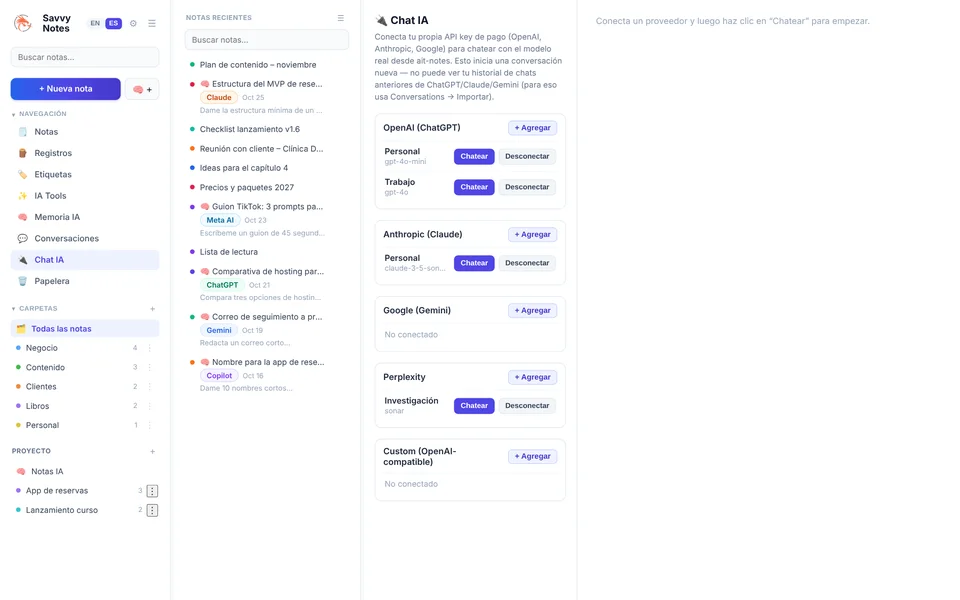 Sección Chat IA con proveedores y cuentas conectadas