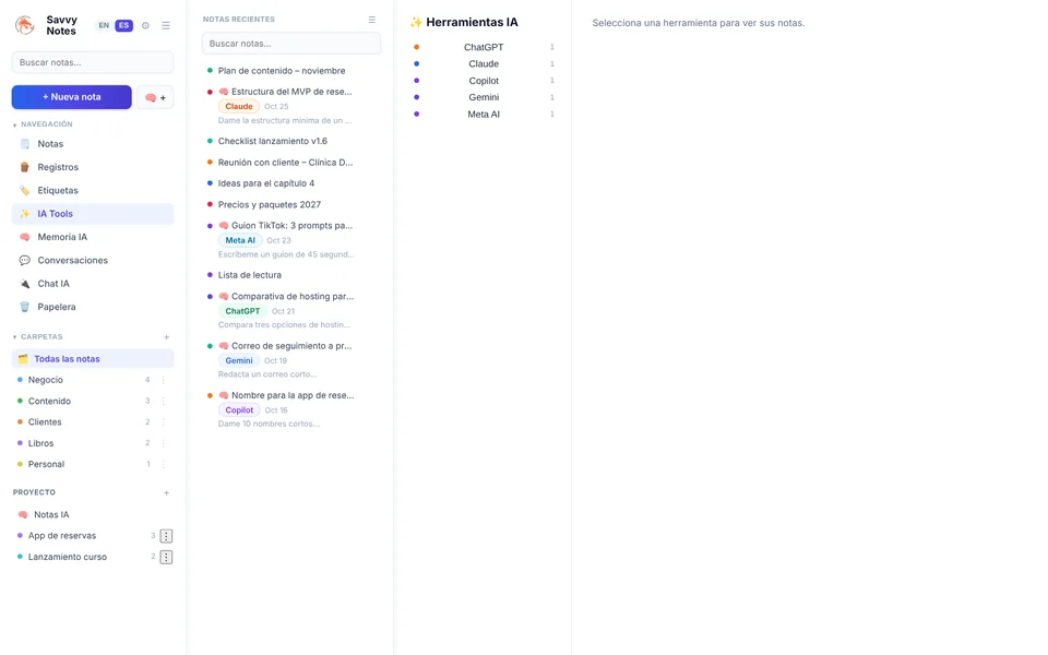 Sección Herramientas IA con notas agrupadas por herramienta