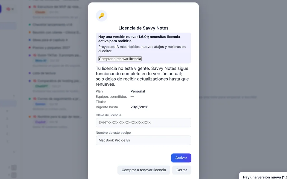 Ventana de licencia vencida con aviso de versión nueva
