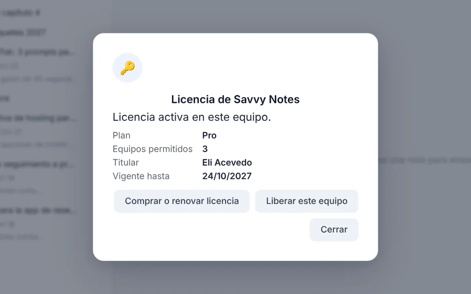 Ventana de licencia activa de Savvy Notes