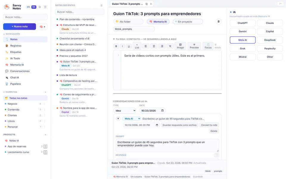 Nota de Memoria IA creada a mano para Meta AI