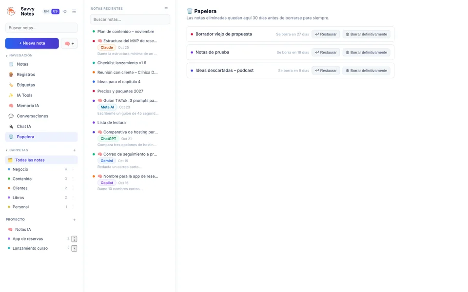 Papelera con notas eliminadas y días restantes