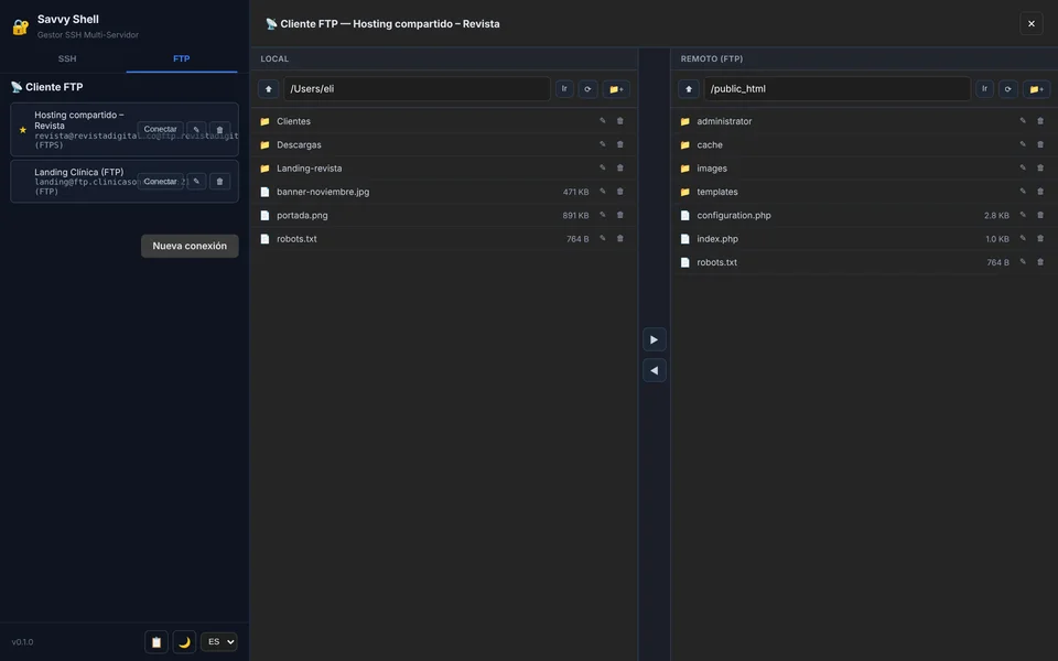 Cliente FTP con panel local y panel remoto