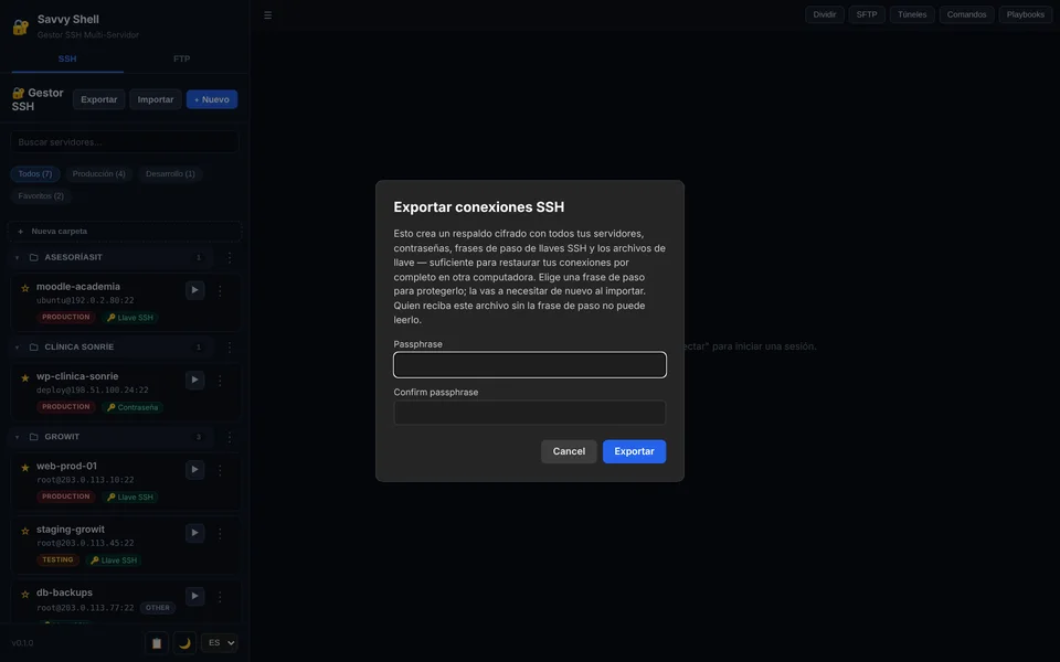 Diálogo para exportar conexiones SSH con frase de paso