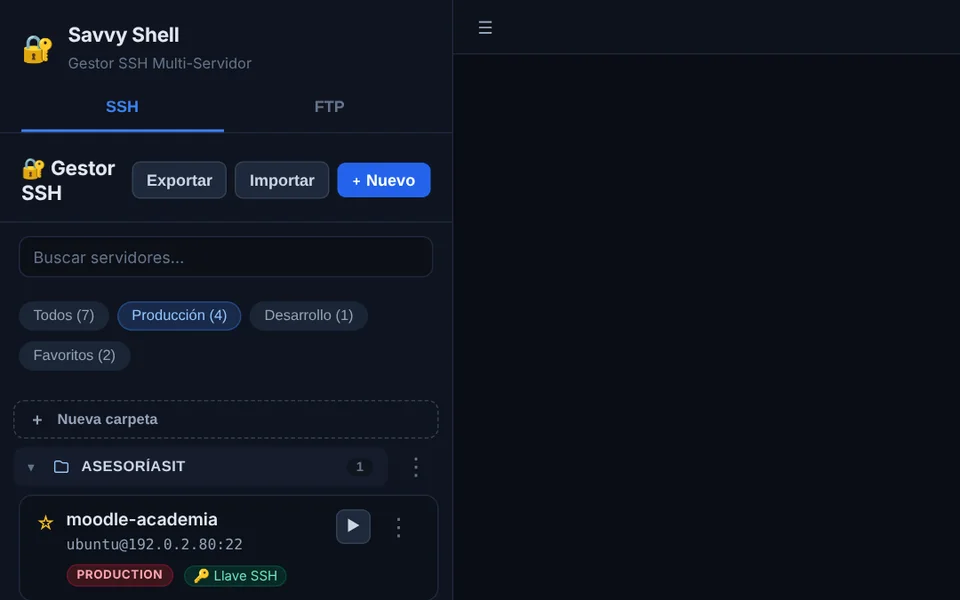 Lista de servidores agrupados por cliente con filtros por entorno