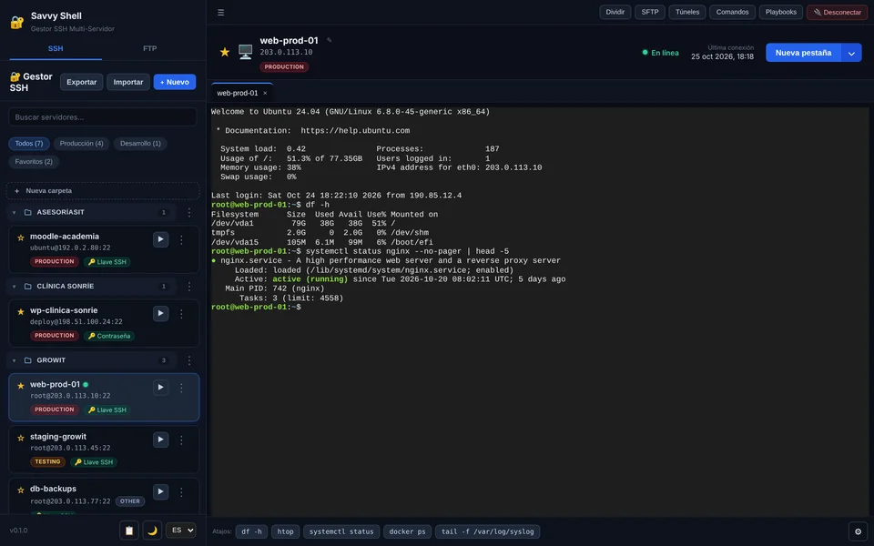 Terminal SSH de Savvy Shell conectada a un servidor, con la lista de servidores a la izquierda