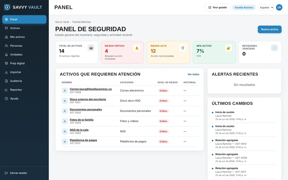 Panel de seguridad de Savvy Vault