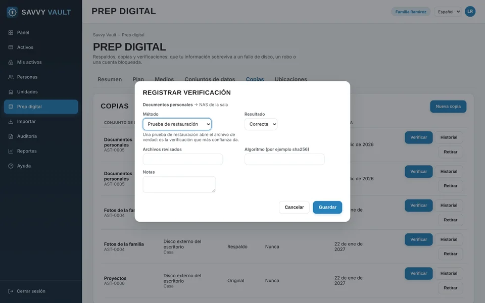 Ventana para registrar una verificación