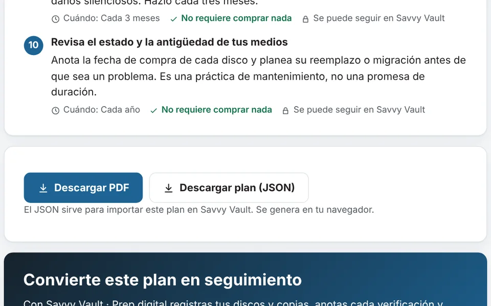 Botones para descargar el plan en PDF y JSON
