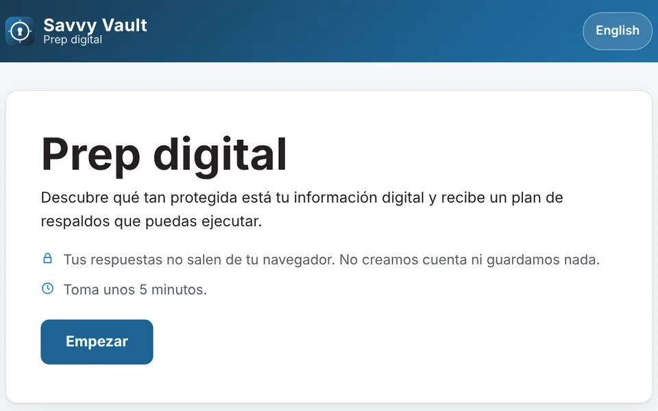 Pantalla de inicio del diagnóstico Prep digital